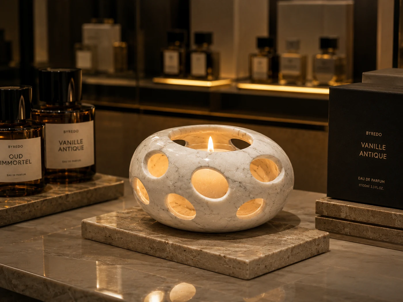 LITHORA stone candle vessel used on a luxury fragrance counter