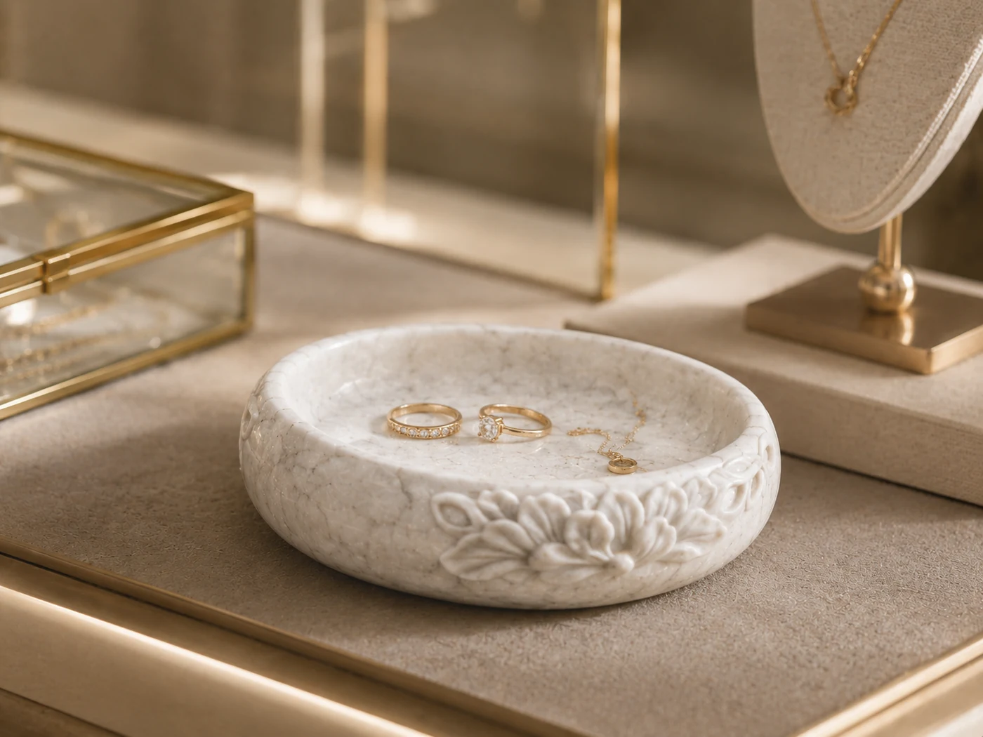 LITHORA petal dish used as a refined jewelry display tray