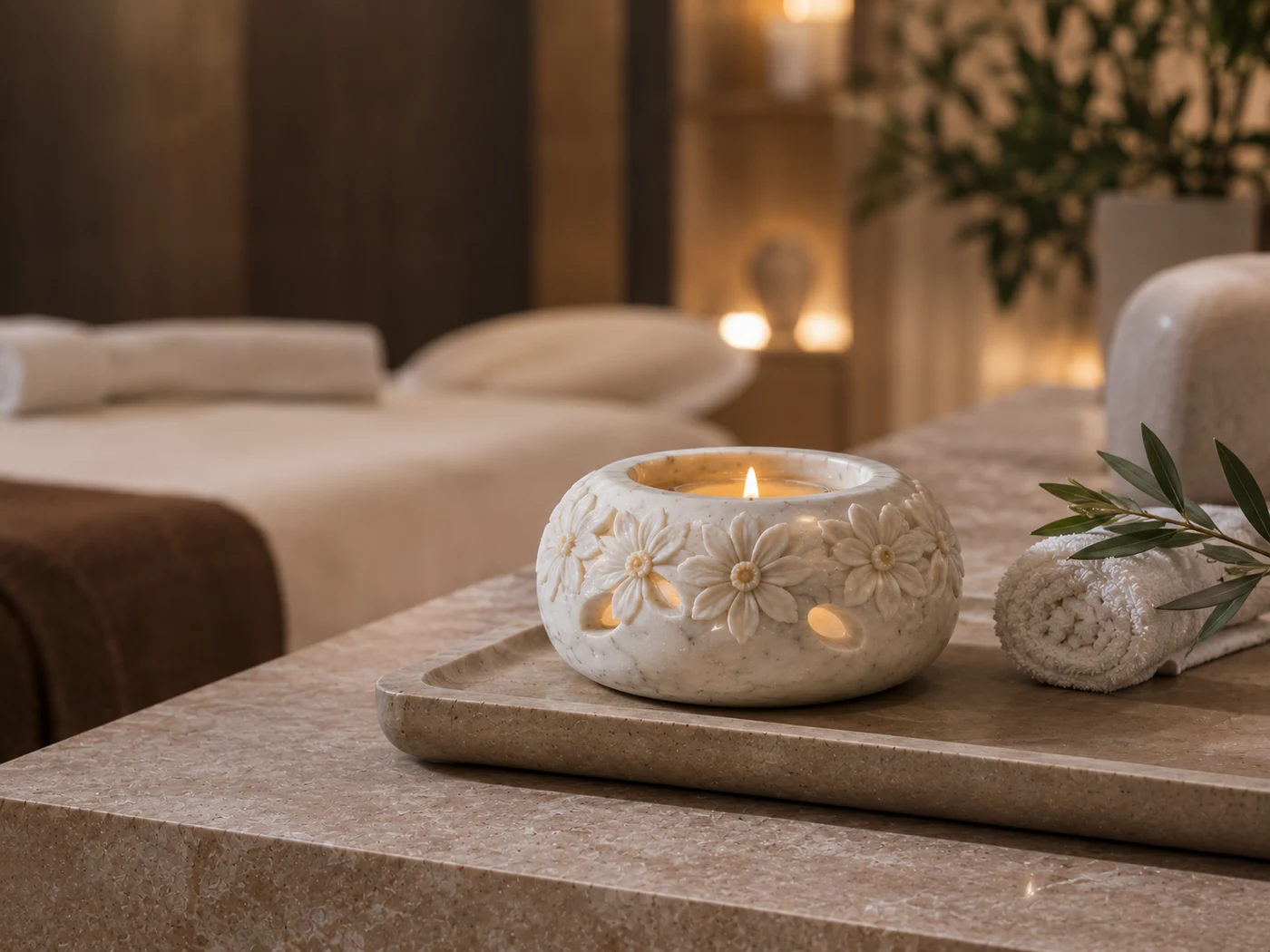 LITHORA bloom relief candle vessel styled in a spa treatment room