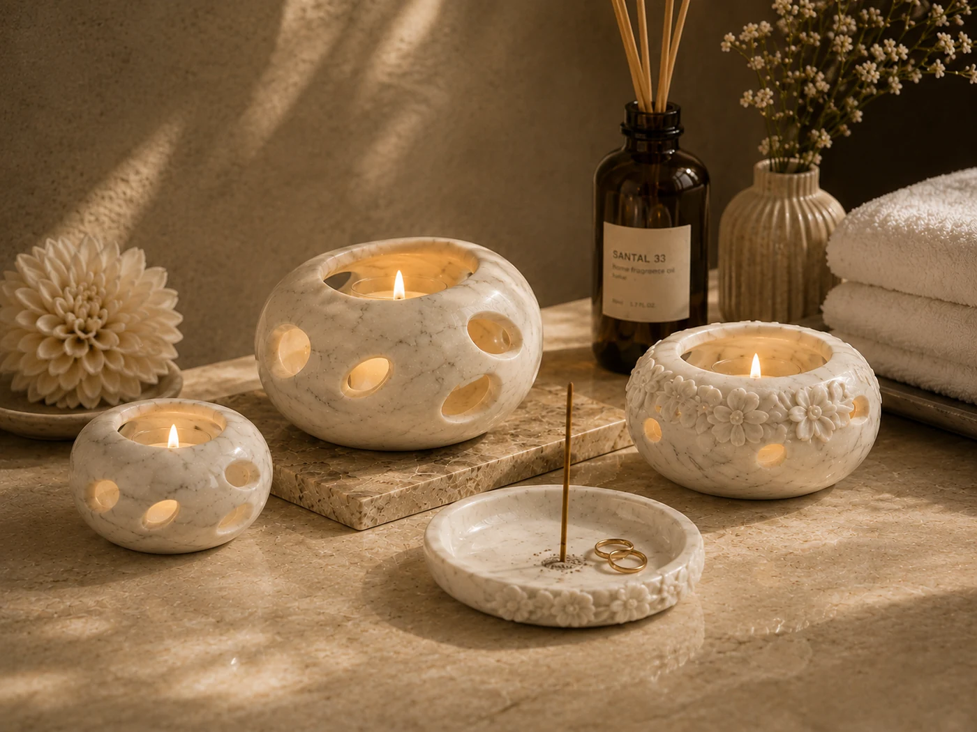 Snow White Signature Series shown as a coordinated set of candle vessels and an incense dish