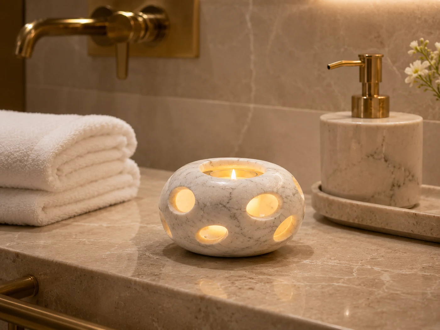 LITHORA candle vessel styled in a luxury hotel bathroom vanity setting
