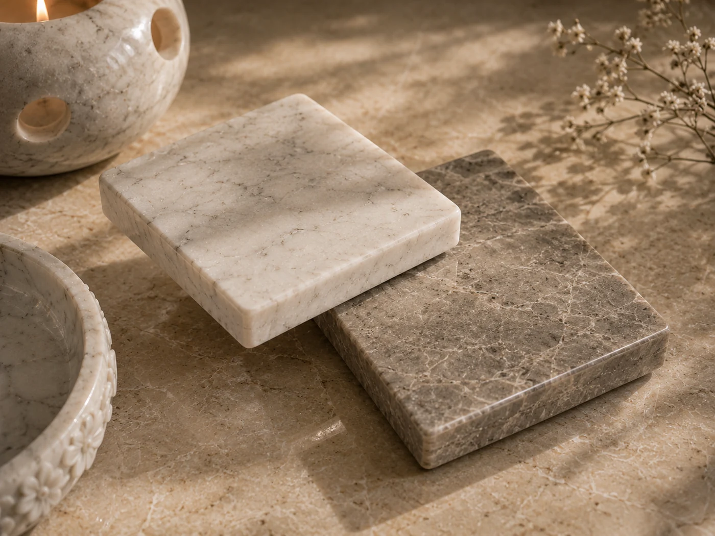 Snow white and grey natural stone material pairing